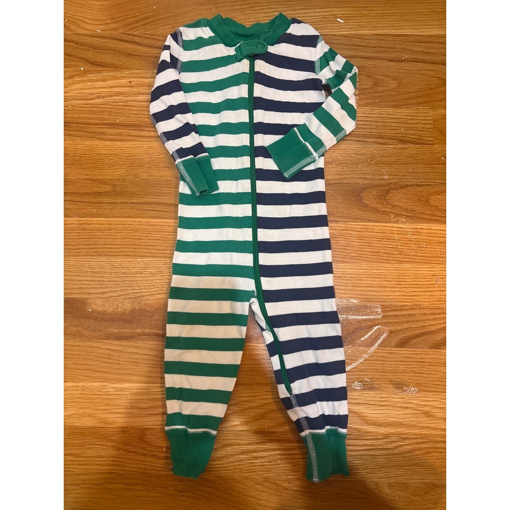 Hanna Andersson Green Navy Striped Organic Cotton Sleeper Pajamas 18-24 Months
